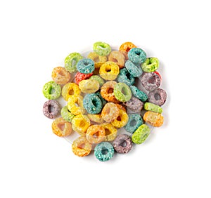 Colorful Breakfast Rings Pile Isolated. Fruit Loops, Fruity Cereal Rings, Colorful Corn Cereals