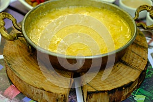 Colorful breakfast spread in a panoramic