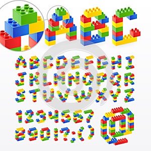 Colorful brick toys font with numbers