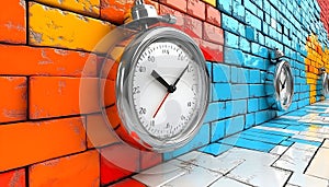 Colorful Clocks on Brick Wall