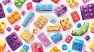 Colorful bricks in a plastic block toy. Modern cartoon set of seamless patterns of a kid's building game. Kids