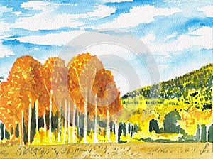 Colorful bright autumn landscape. Fall background. Watercolor hand painted illustration. Trees sketch, golden forest scene card