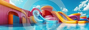 Colorful and bright bounce house water slide outside.