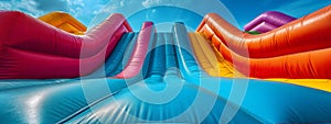 Colorful and bright bounce house water slide outside.