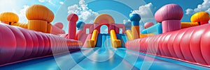 Colorful and bright bounce house water slide outside.