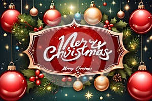 Colorful bright Christmas greeting card merry christmas lettering with Winter holiday composition