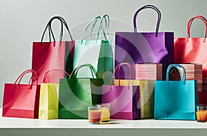 Colorful bright colored shopping bags stand on the table. Shopping