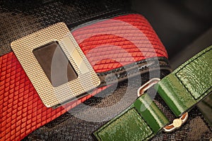 Colorful bright detals of handbag close-up. Concept of shopping, manufacturing, accessory