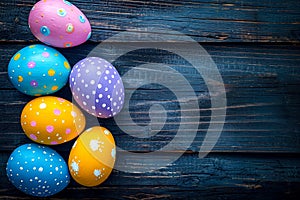 Colorful bright Easter eggs on a dark wooden background. Copyspace