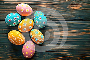 Colorful bright Easter eggs on a dark wooden background. Copyspace