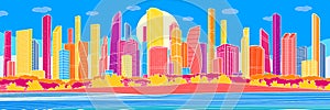Colorful bright embankment cityscape sketch. Color modern city. Infrastructure outlines illustration. Vector design art