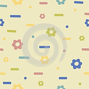 Colorful and bright flowers geometric seamless pattern. Dashed lines and flower on beige background