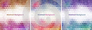 Colorful bright geometric backgrounds set. Triangular patterns collection. Vector illustration