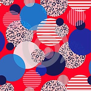 Colorful and bright geometric fill-in with round animal leopard prints and polka dots stripe seamless pattern design for