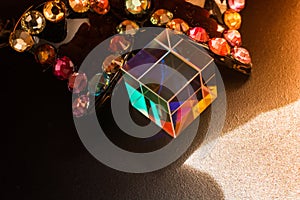 Colorful bright glass prism cube  Refracting light in vivid rainbow colors