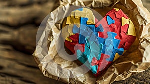 A colorful bright Heart with papier mache puzzles wrapped in kraft paper.
