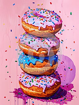 Colorful and bright illustration of donuts with icing and sprinkles on a pink background. National Donut Day
