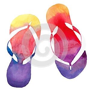 Colorful bright lovely comfort summer pattern of beach yellow orange pink red blue purple flip flops