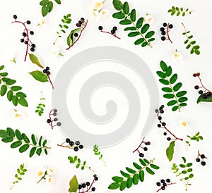 Colorful bright round frame of leaves, berries and flowers. Flat lay, top view
