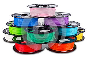 Colorful bright stack pile of spool 3d printer filament
