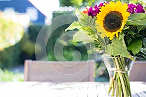 Colorful bright sunflower in vase in a green summer garden on wooden table. Selective focus.
