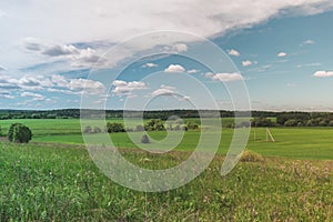 Colorful Bright Sunny Summer Green Field, River Summer Landscape With Blue Cloudy Sky, Trees And Hills