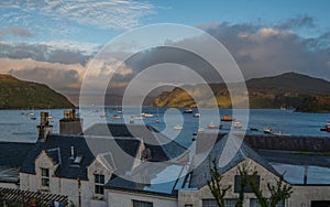 Colorful and bright town village and house View on Portree, Isle of Skye, Scotland, UK.