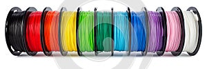 Colorful bright wide panorama row of spool 3d printer filament