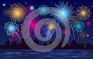 Colorful Brightly Beautiful Fireworks Night Sky City Vector Illustration