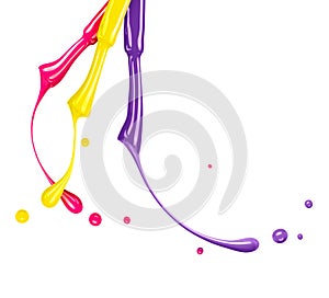 Colorful brushes of nail polish with drops close up on a white background