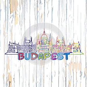 Colorful Budapest drawing on wooden background