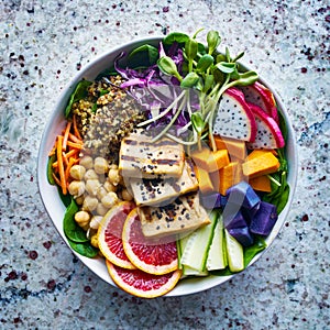 Colorful buddha bowl with grilled tofu and dragon fruit