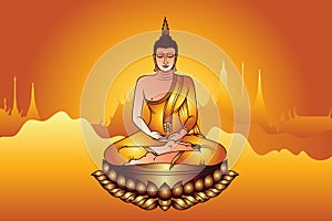 Colorful Buddha Siddhartha Gautama sit on gloden lotus with temple glowing light background