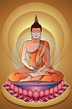Colorful Buddha Siddhartha Gautama sit on lotus with glowing light