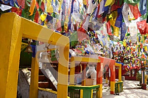 Colorful buddhism prayer flags in Mahakal temple