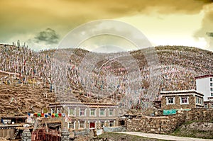 Colorful buddhist prayer flags in the tibetan highlands of China