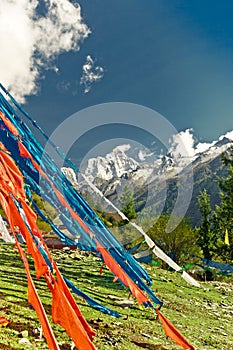 Colorful buddhist prayer flags in the tibetan highlands of China