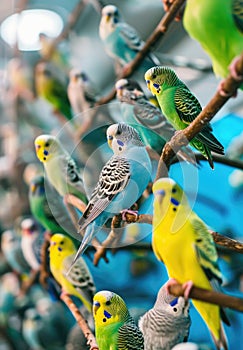 Colorful Budgerigars on Perches