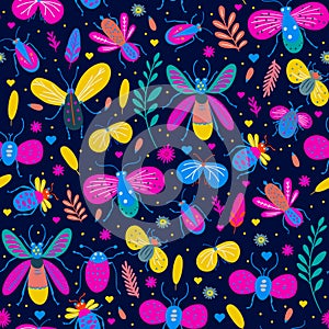 Colorful bug beetle moth and butterfly vector seamless pattern. Floral flower garden art