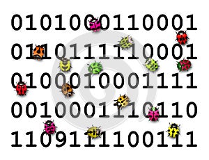Colorful bugs running over digital code
