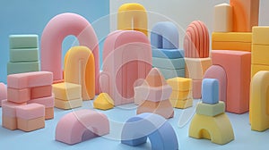 Colorful building blocks arranged creatively with pastel hues and varying shapes in a playful setting photo