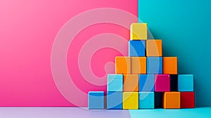 Colorful Building Blocks Arranged in a Pyramid Against a Two-Tone Background, AI Generated