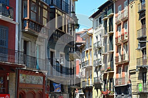 Colorful buildings and balconies in Pamplona, Spain