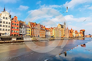 Colorful buildings of Gdansk on the bank of the Motlawa, Poland