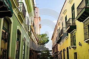 Colorful buildings and historic colonial architecture in downtown Havana, Cuba