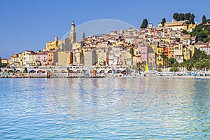 Colorful buildings in the mediaeval town of Menton, French Riviera, France.