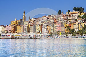 Colorful buildings in the mediaeval town of Menton, French Riviera, France.