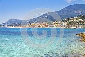 Colorful buildings in the mediaeval town of Menton, French Riviera, France.