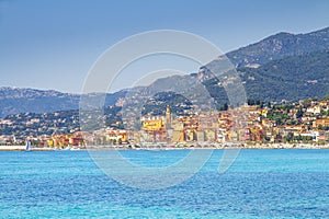 Colorful buildings in the mediaeval town of Menton, French Riviera, France.