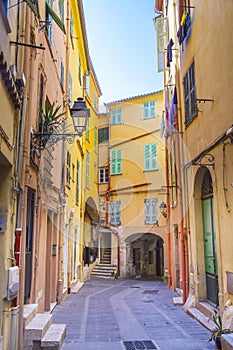 Colorful buildings in the mediaeval town of Menton, French Riviera, France.